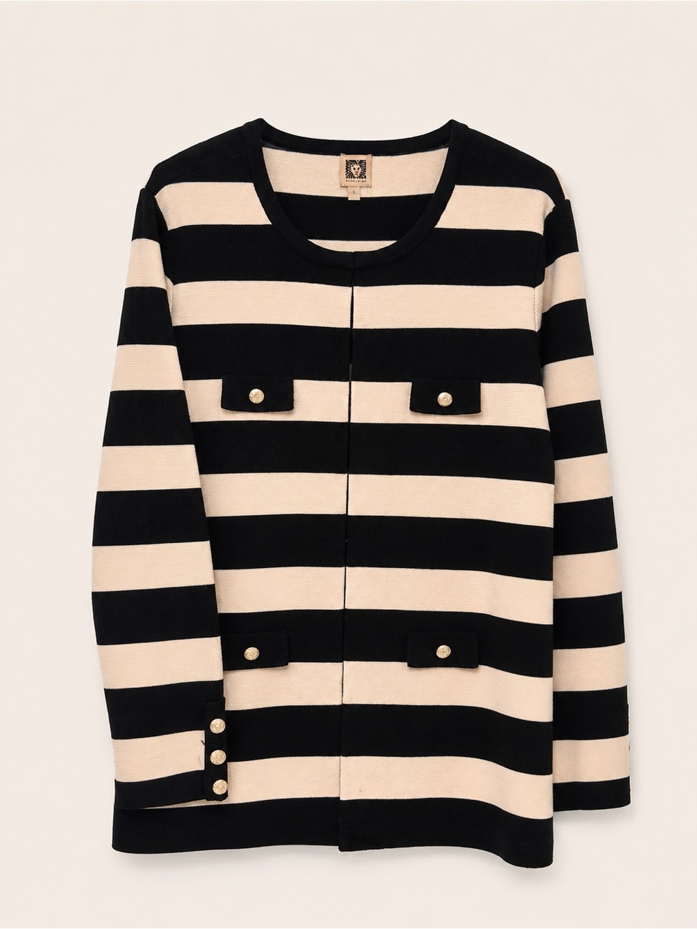 Anne Klein Black and Cream Striped Knit Top